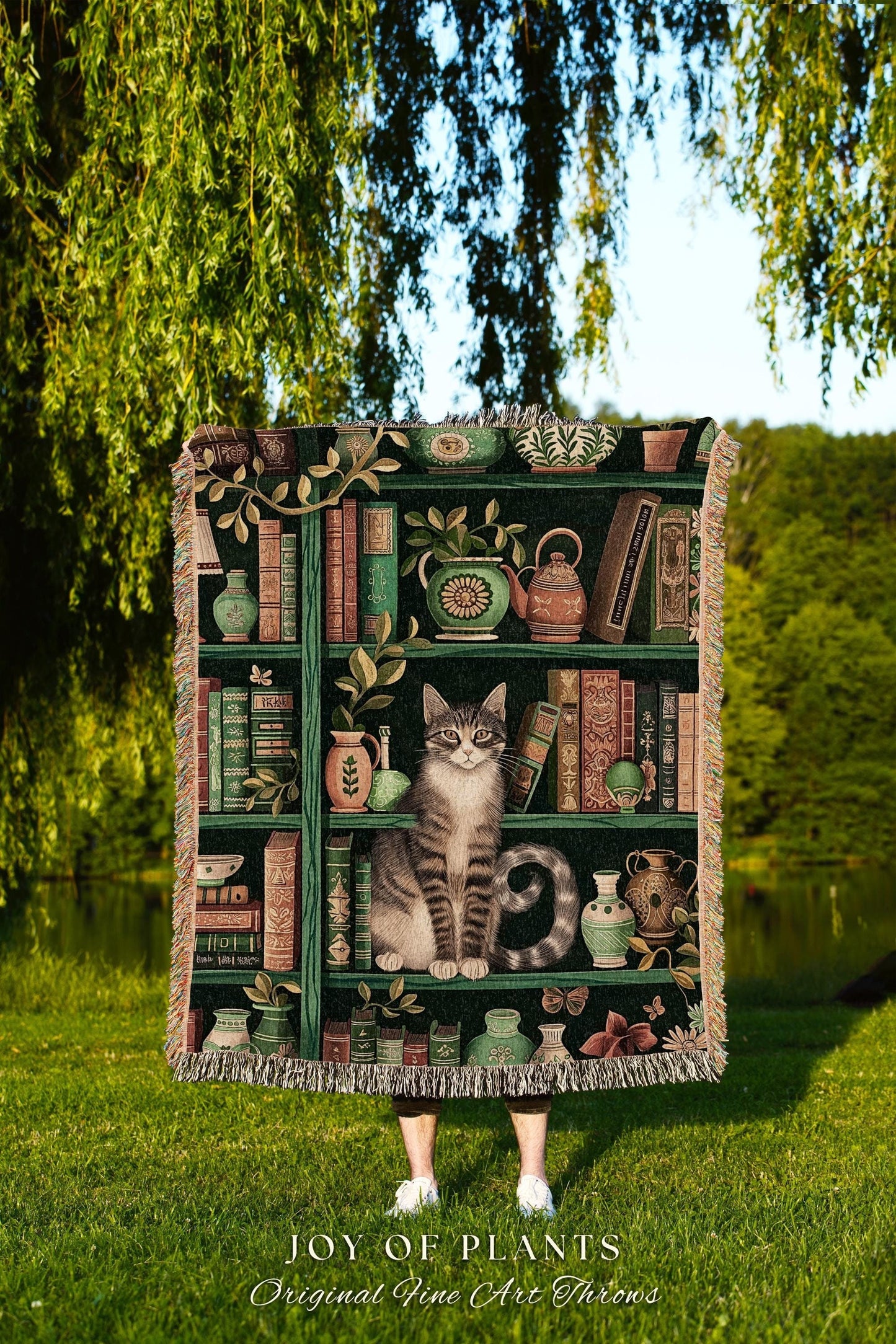 Retro Bookshelf Cat Blanket Botanical Academia Cottagecore Decor, Cozy Feline Library Theme Tapestry Throw Whimsical Literary Aesthetic Gift