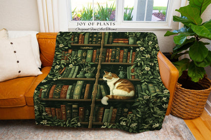 Whimsical Cat Bookshelf Blanket Dark Academia Botanical Cottagecore Style Decor, Cozy Vintage Library Aesthetic Bookish Charm Tapestry Throw