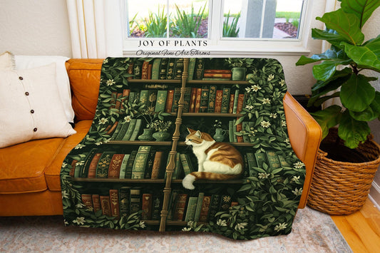 Whimsical Cat Bookshelf Blanket Dark Academia Botanical Cottagecore Style Decor, Cozy Vintage Library Aesthetic Bookish Charm Tapestry Throw