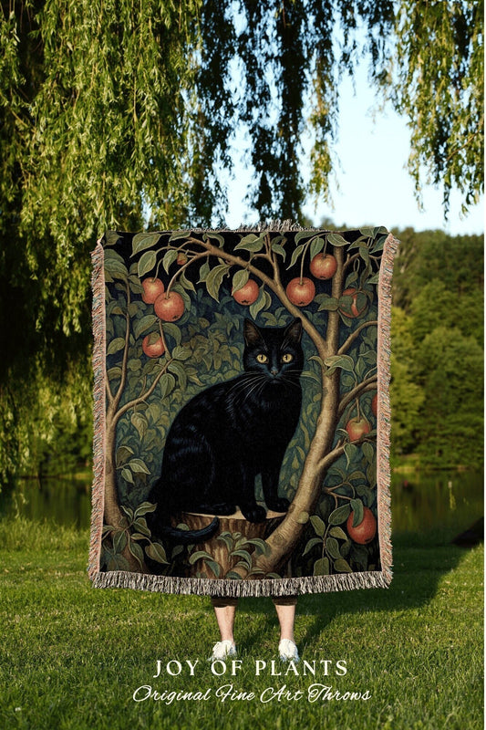 Black Cat Blanket Vintage Throw | Woven Fringe Blanket Cat lover Gift Whimsigoth Tapestry William Morris Throw Morris Decor Black Cat Art |