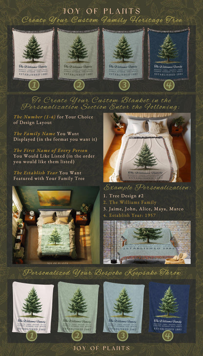 Cottage Christmas Tree Tapestry Throw Custom Names Personalized Heirloom Blanket | Rustic Sage Green Holiday Decor Ancestry Keepsake Gift