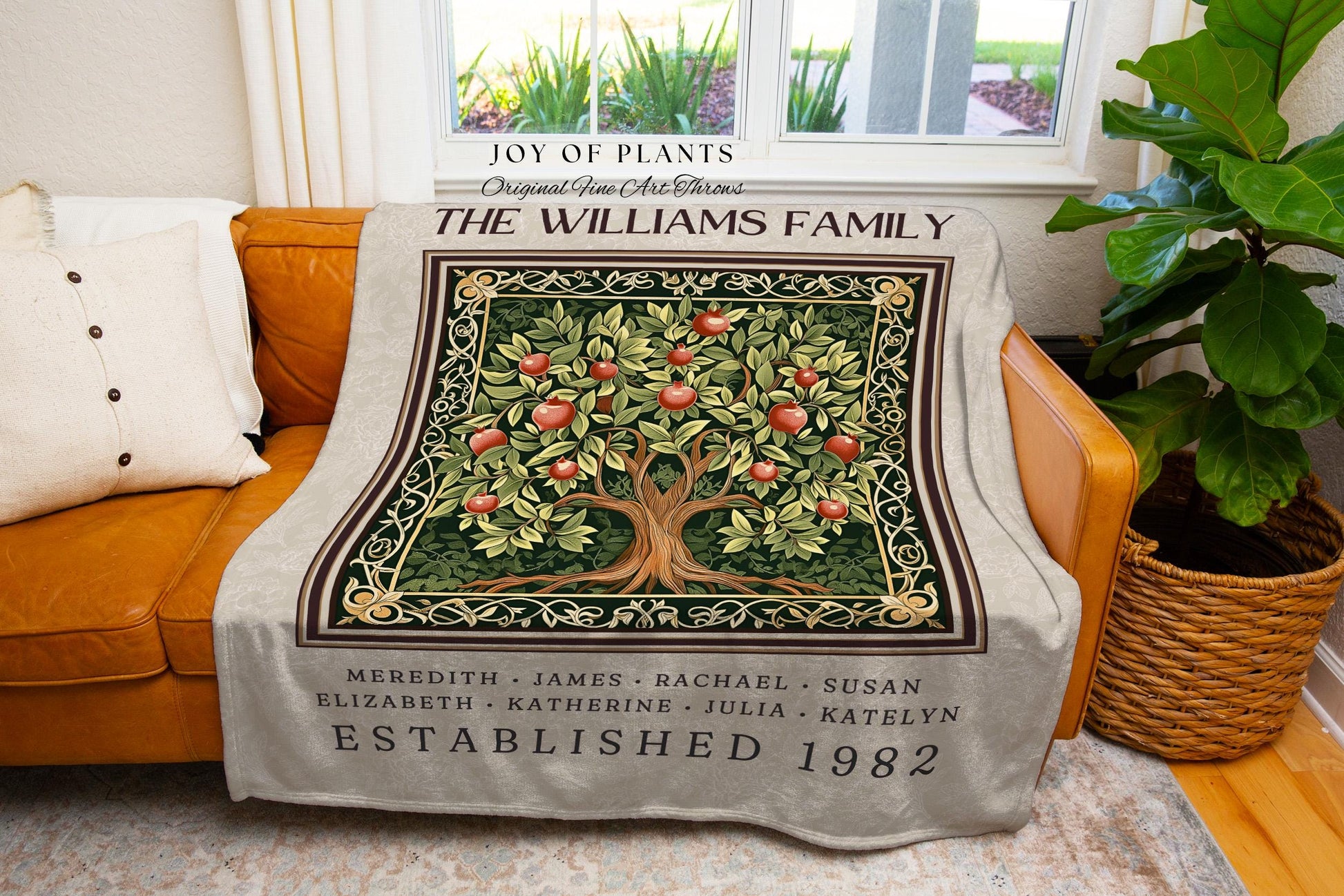 Victorian Aesthetic Family Heritage Blanket Vintage Pomegranate Tree Design | Personalized Custom Names Tapestry Sentimental Ancestry Gift