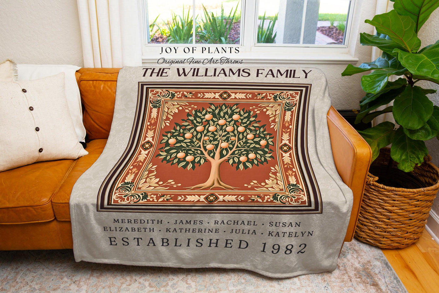 Vintage Orange Tree of Life Family Blanket Morris Inspired Ancestry Tapestry | Custom Names Throw Cozy Earthy Aesthetic Sentimental Keepsake