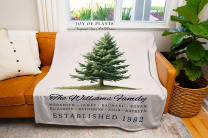 Classic Evergreen Family Tree Blanket Custom Name Woven Tapestry | Traditional Rustic Decor Personalized Family Heirloom Ancestry Keepsake