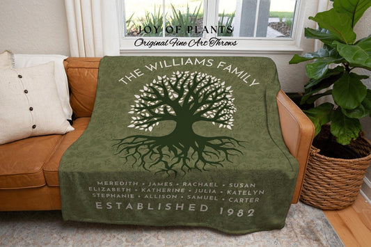 Sage Green Family Tree Tapestry Woven Blanket Custom Family Gift Meaningful | Thoughtful Gift for Grandmom Sentimental Gift for Family Tree