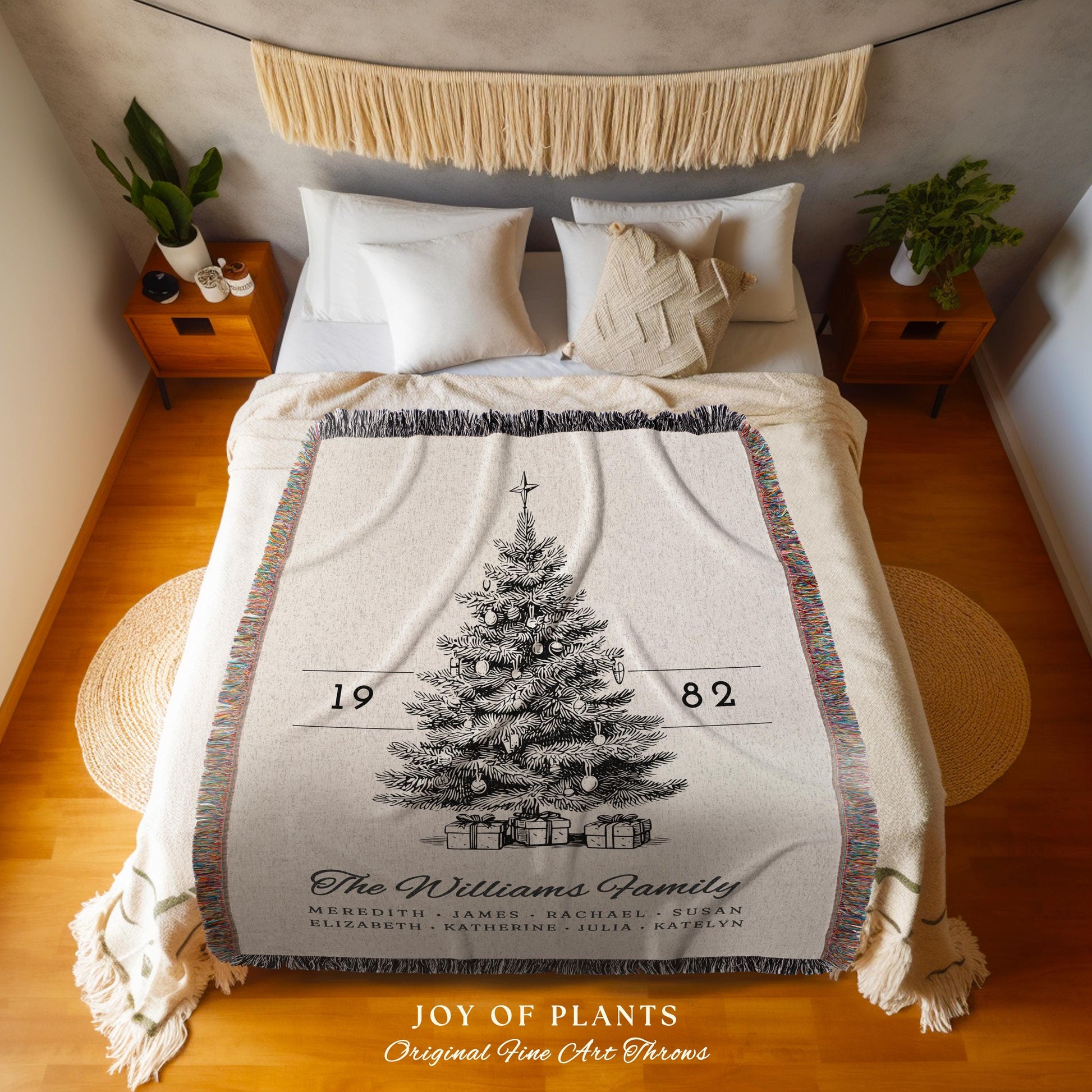 Vintage Christmas Tree Blanket Custom Family Names Woven Tapestry Throw | Personalized Ancestry Heirloom Cozy Country Cottage Holiday Decor