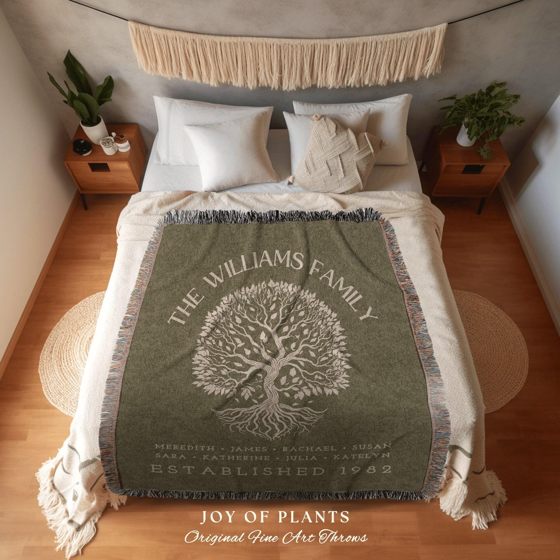 Vintage Green Family Tree Blanket | Family Tree Personalized Family Tapestry Meaningful Thoughtful Gift for Grandma Sentimental Family Gift