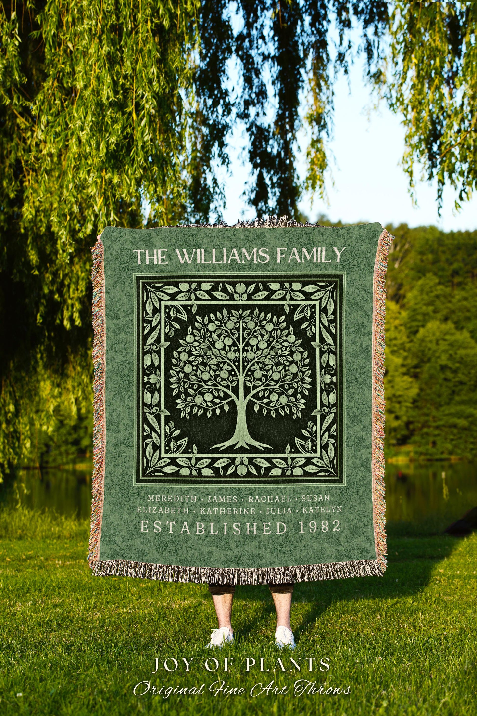 Charming Country Family Tree Blanket Emerald Green Personalized Ancestry Tapestry Throw | Cozy Cottagecore Boho Chic Keepsake Heirloom Gift