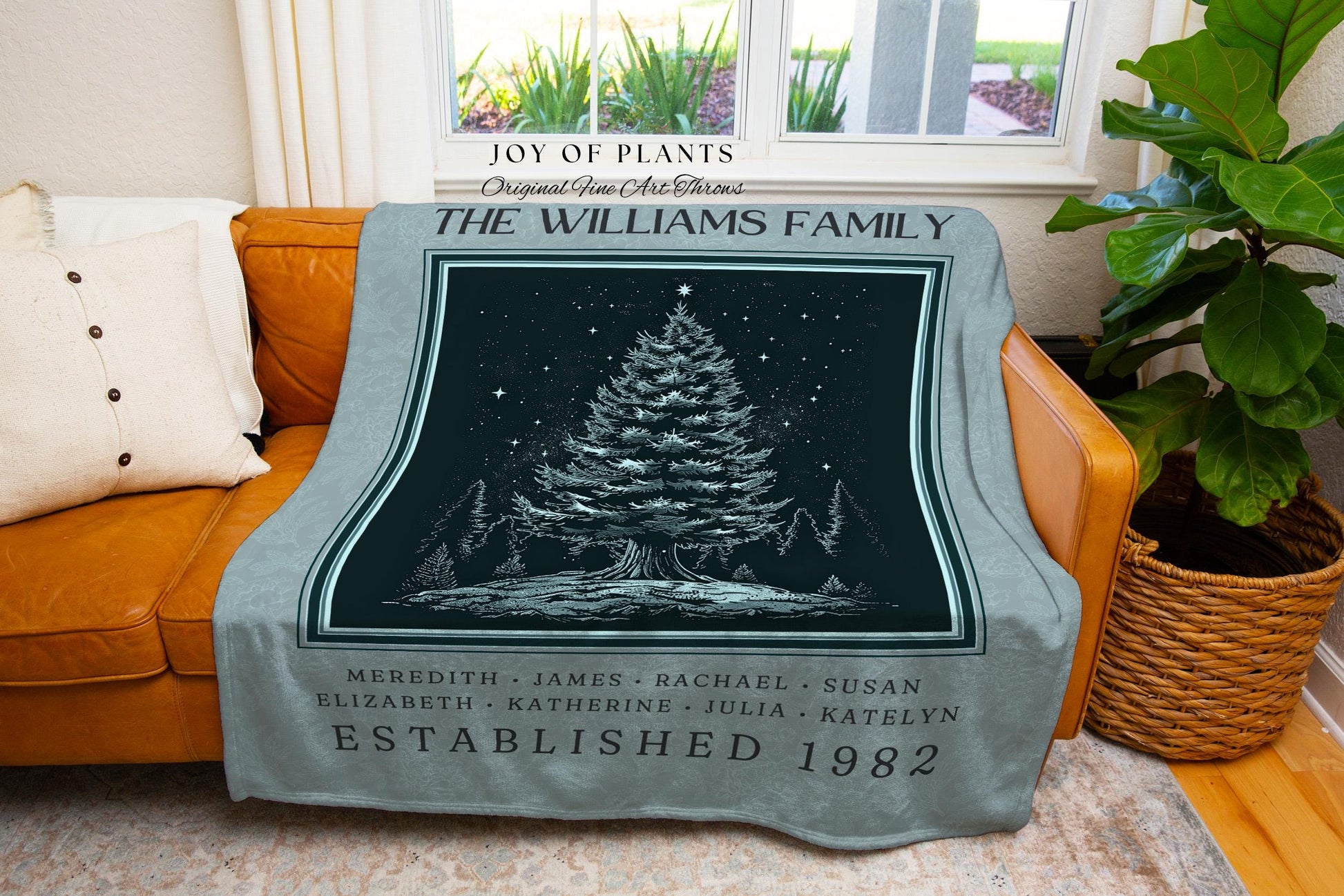 Vintage Blue Family Tree Blanket Personalized Christmas Heirloom Gift for Grandparent Cozy Holiday Decor Custom Family Name Heritage Blanket