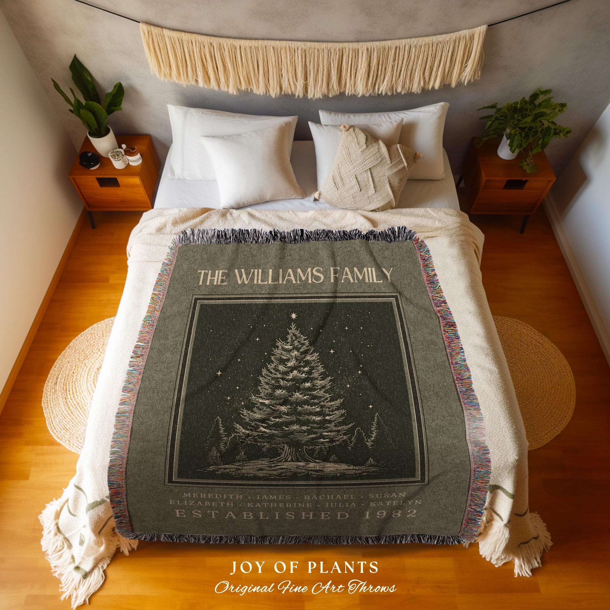 Rustic Winter Family Tree Blanket Custom Names Heritage Tapestry Throw | Cozy Cabin Personalized Ancestry Keepsake Woodland Christmas Gift