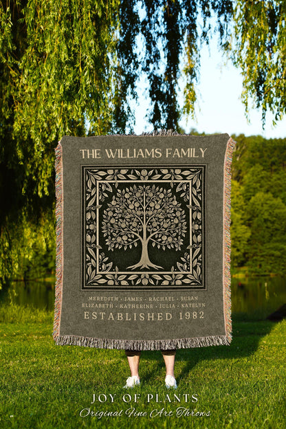 Elegant Olive Green Family Tree of Life Blanket Personalized Name Tapestry Throw | Custom Heritage Decor Cozy Cottagecore Ancestry Keepsake