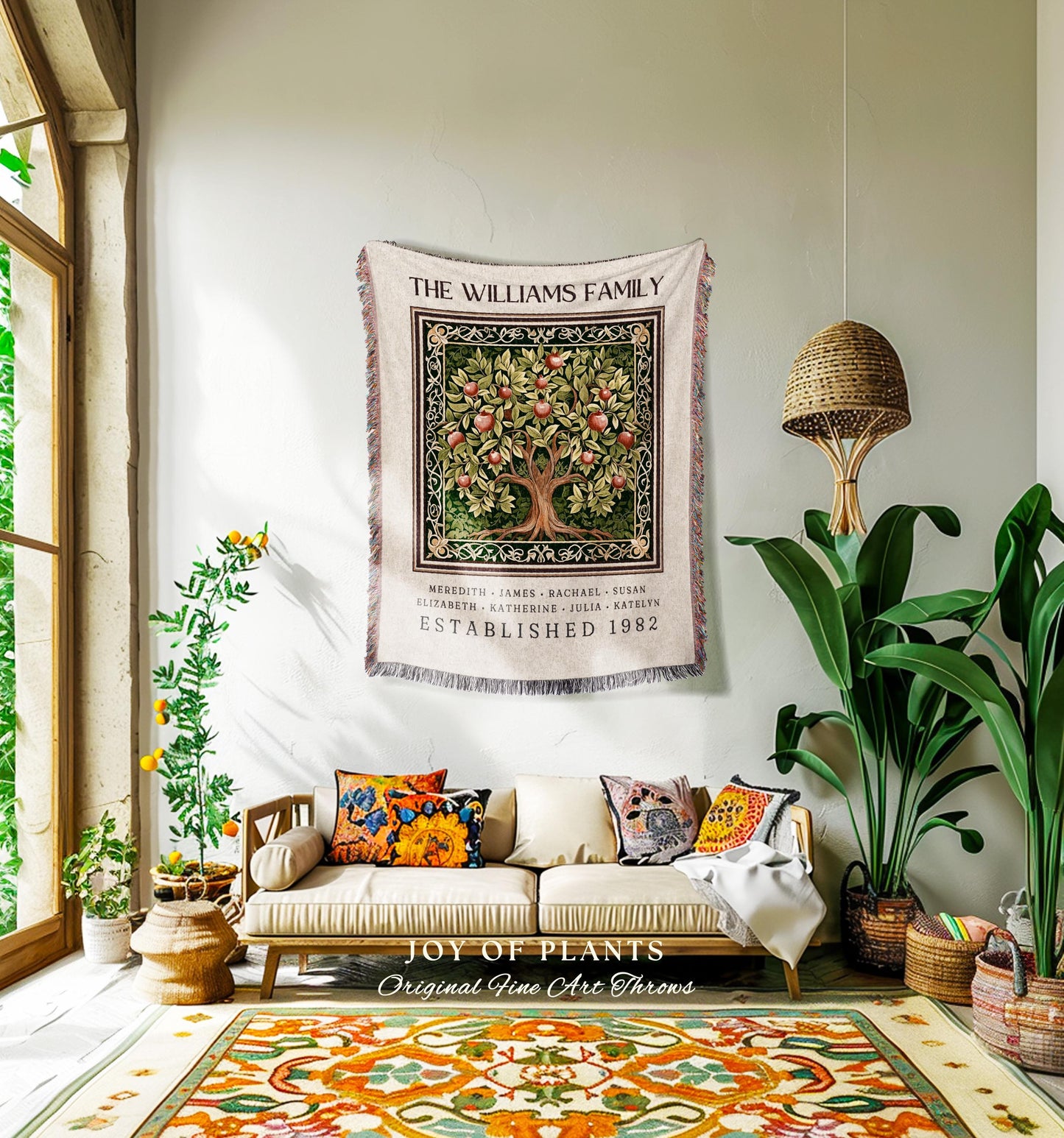 Victorian Aesthetic Family Heritage Blanket Vintage Pomegranate Tree Design | Personalized Custom Names Tapestry Sentimental Ancestry Gift