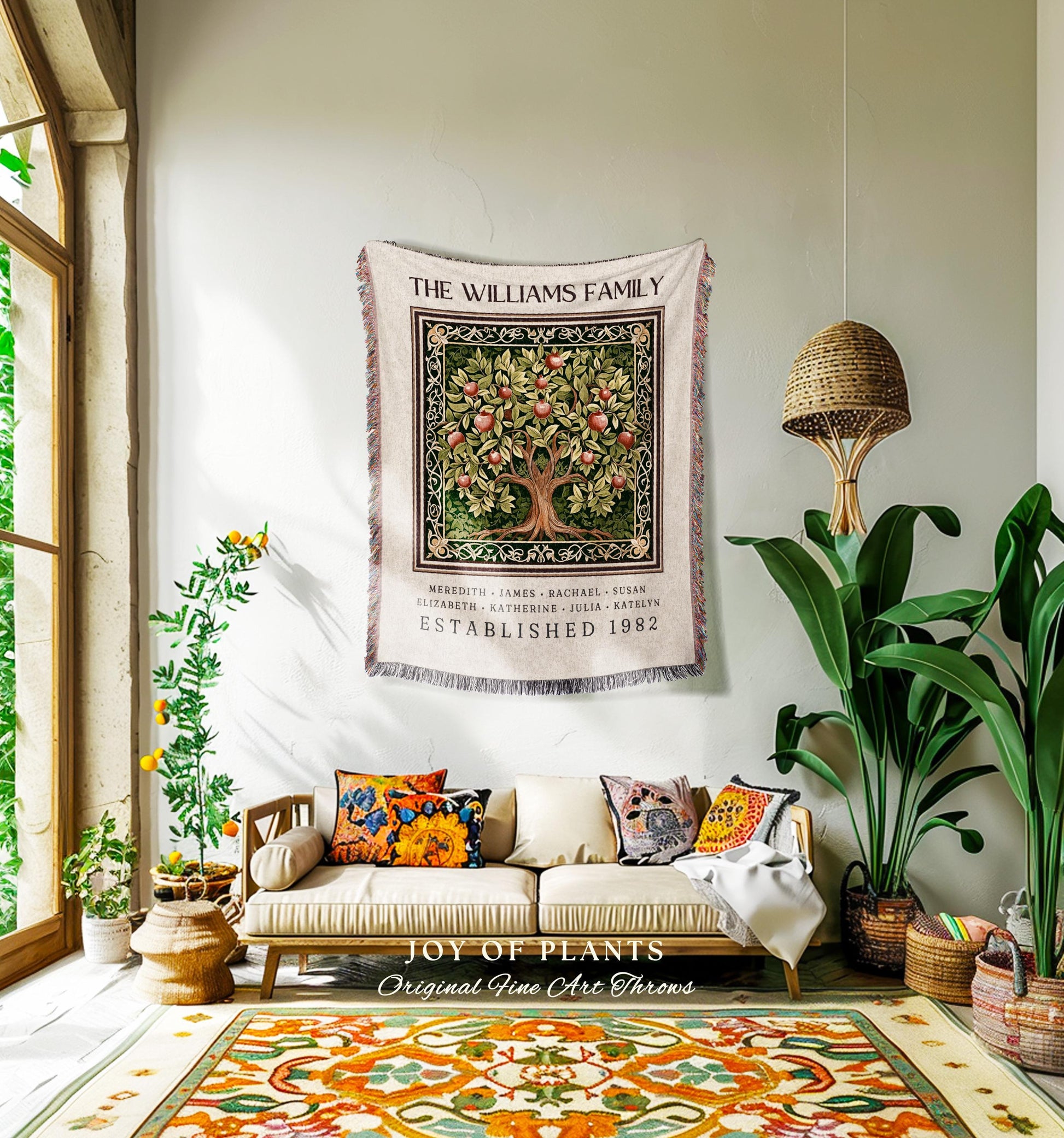 Victorian Aesthetic Family Heritage Blanket Vintage Pomegranate Tree Design | Personalized Custom Names Tapestry Sentimental Ancestry Gift