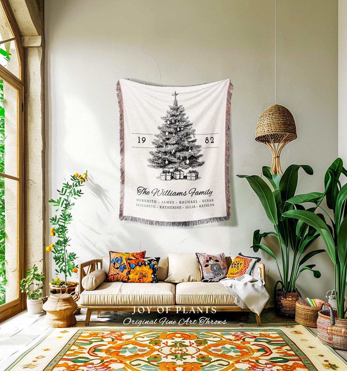 Vintage Christmas Tree Blanket Custom Family Names Woven Tapestry Throw | Personalized Ancestry Heirloom Cozy Country Cottage Holiday Decor