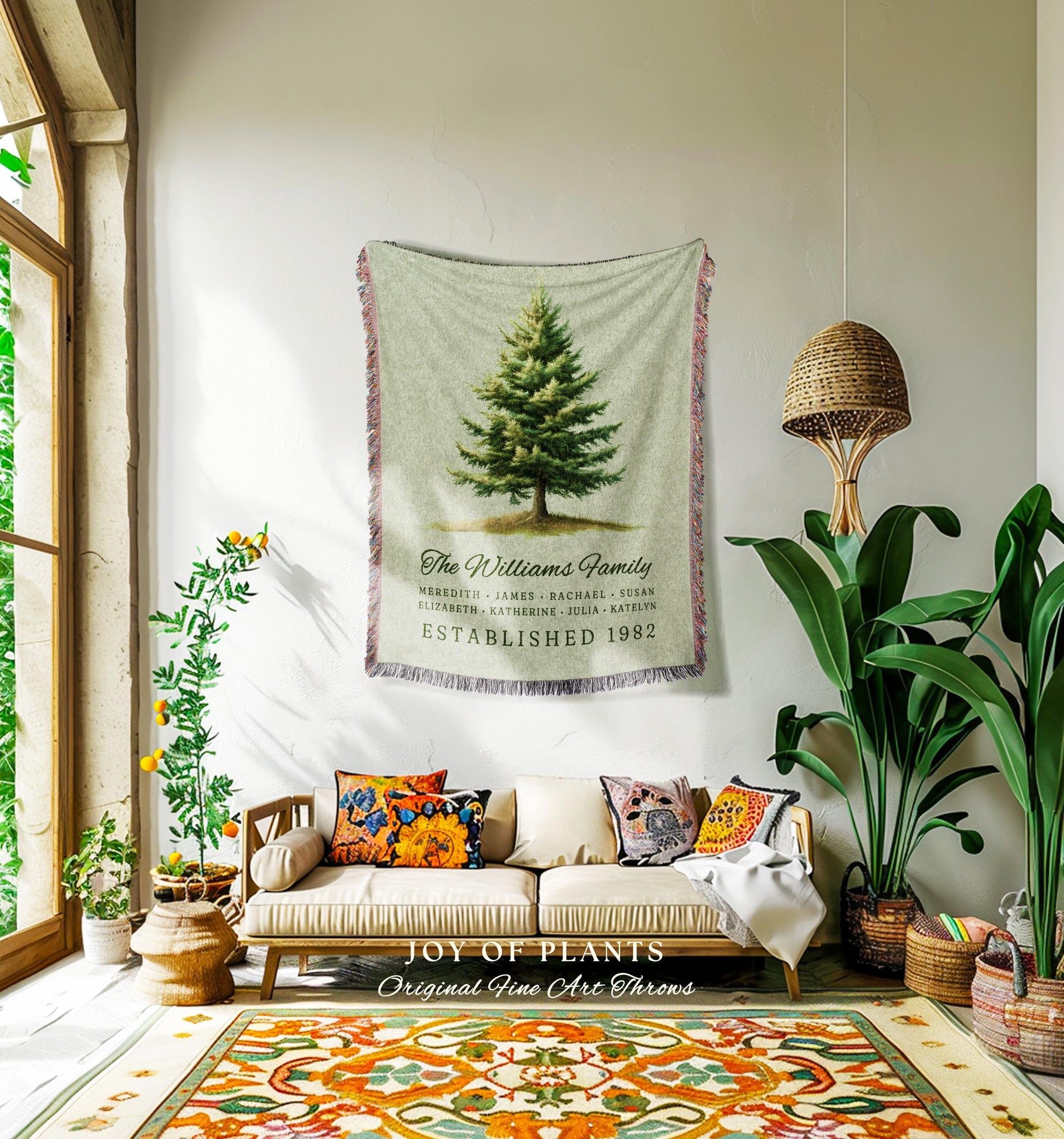 Cottage Christmas Tree Tapestry Throw Custom Names Personalized Heirloom Blanket | Rustic Sage Green Holiday Decor Ancestry Keepsake Gift