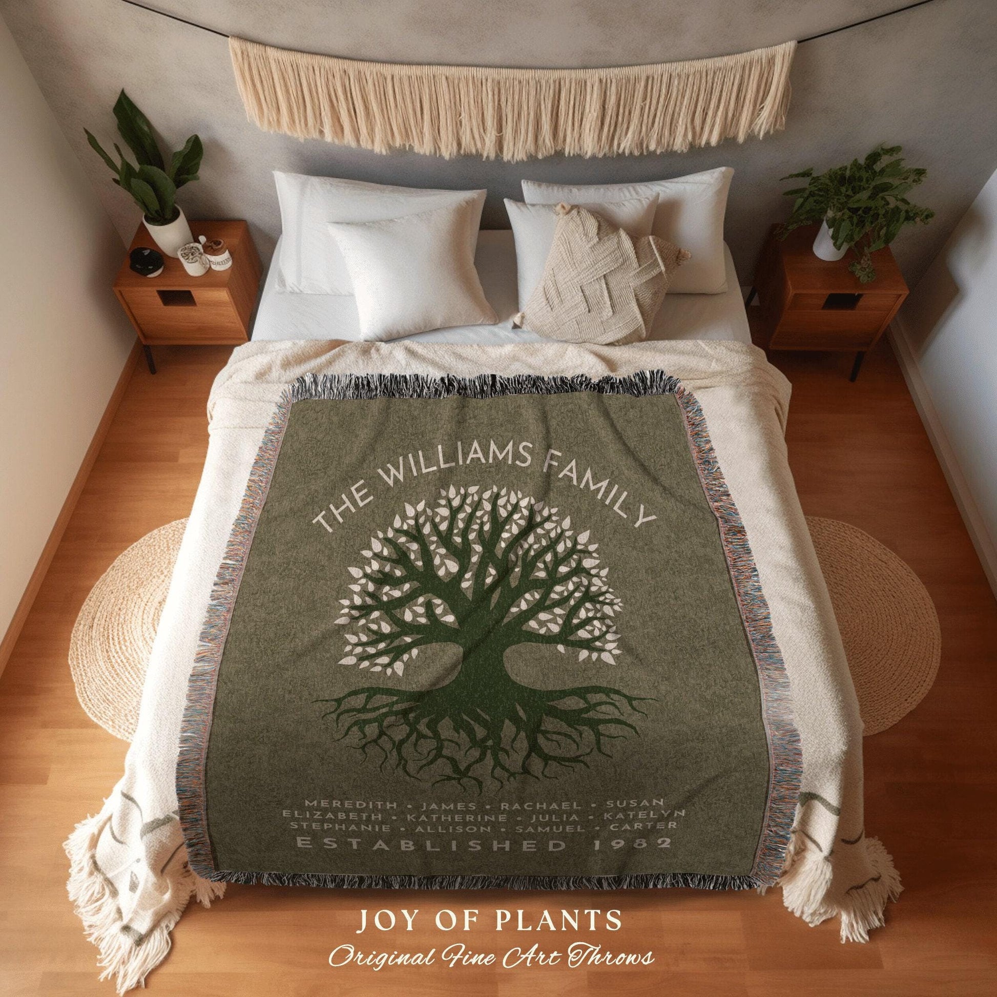 Sage Green Family Tree Tapestry Woven Blanket Custom Family Gift Meaningful | Thoughtful Gift for Grandmom Sentimental Gift for Family Tree