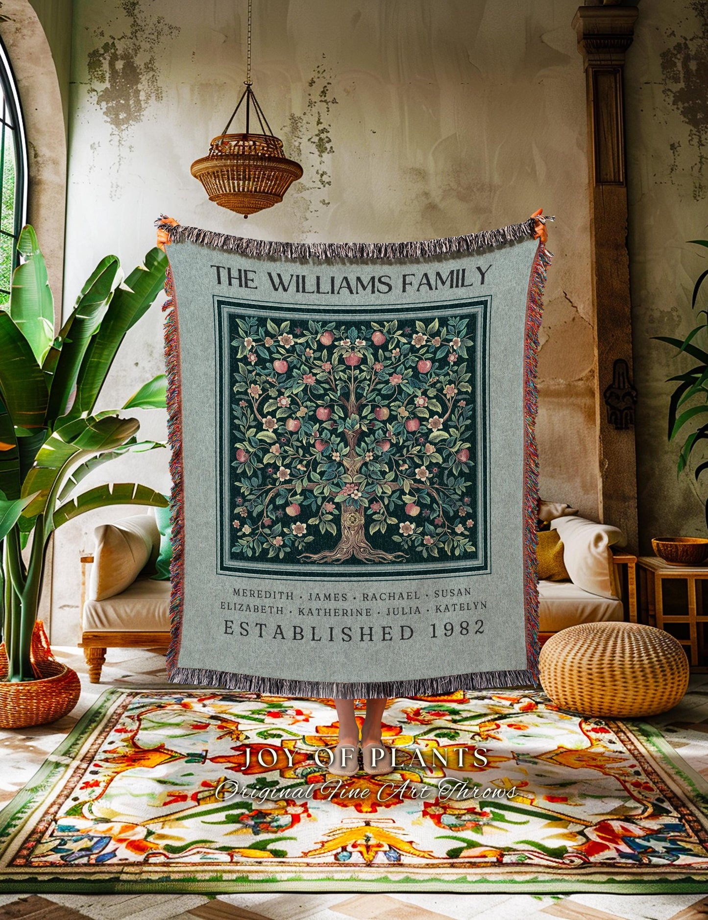 Custom Family Tree of Life Blanket Personalized Names Heritage Gift | Boho Dusty Blue Vintage Aesthetic Family Tree Kids Name Blanket Woven