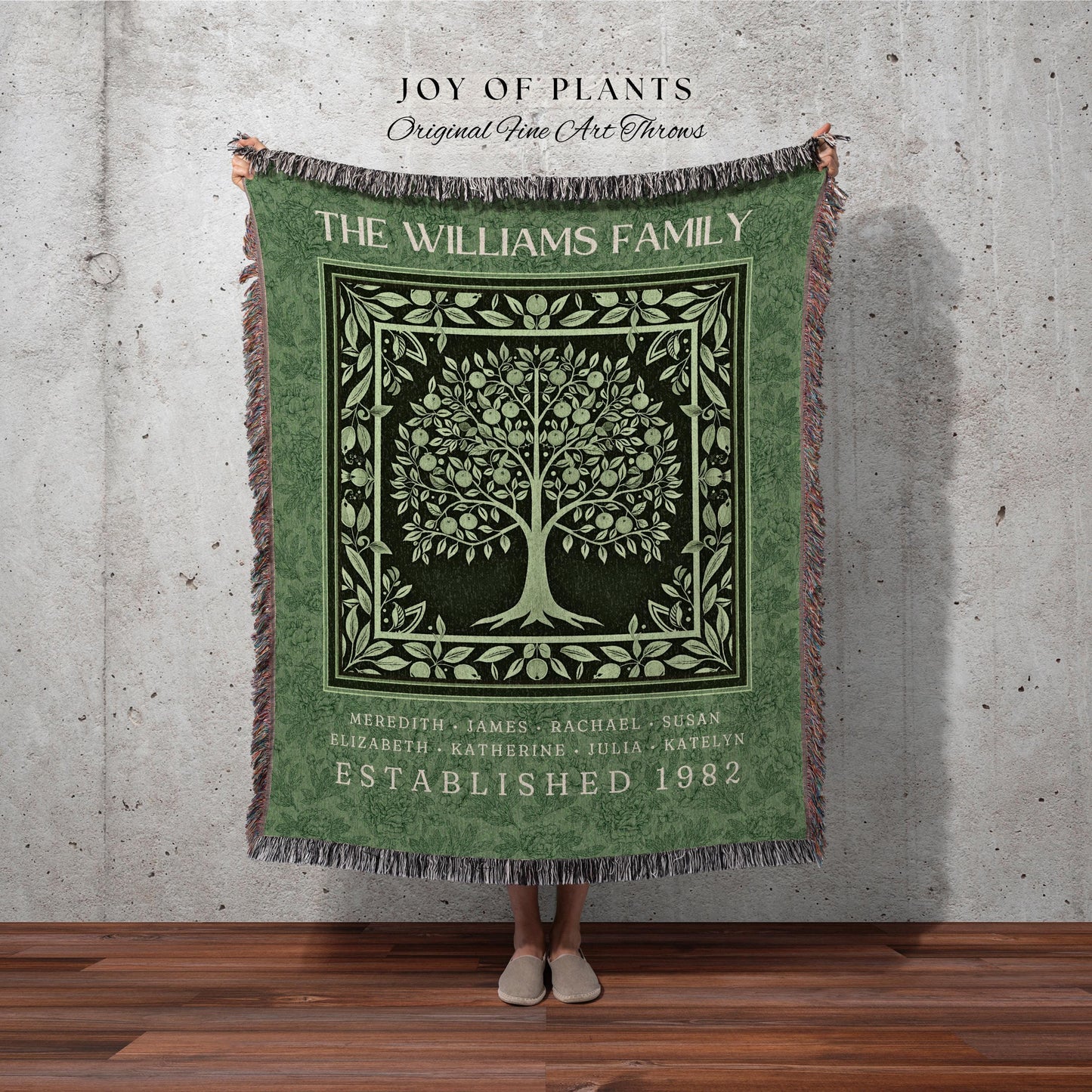 Charming Country Family Tree Blanket Emerald Green Personalized Ancestry Tapestry Throw | Cozy Cottagecore Boho Chic Keepsake Heirloom Gift