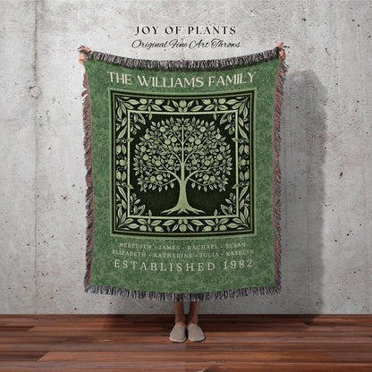 Charming Country Family Tree Blanket Emerald Green Personalized Ancestry Tapestry Throw | Cozy Cottagecore Boho Chic Keepsake Heirloom Gift