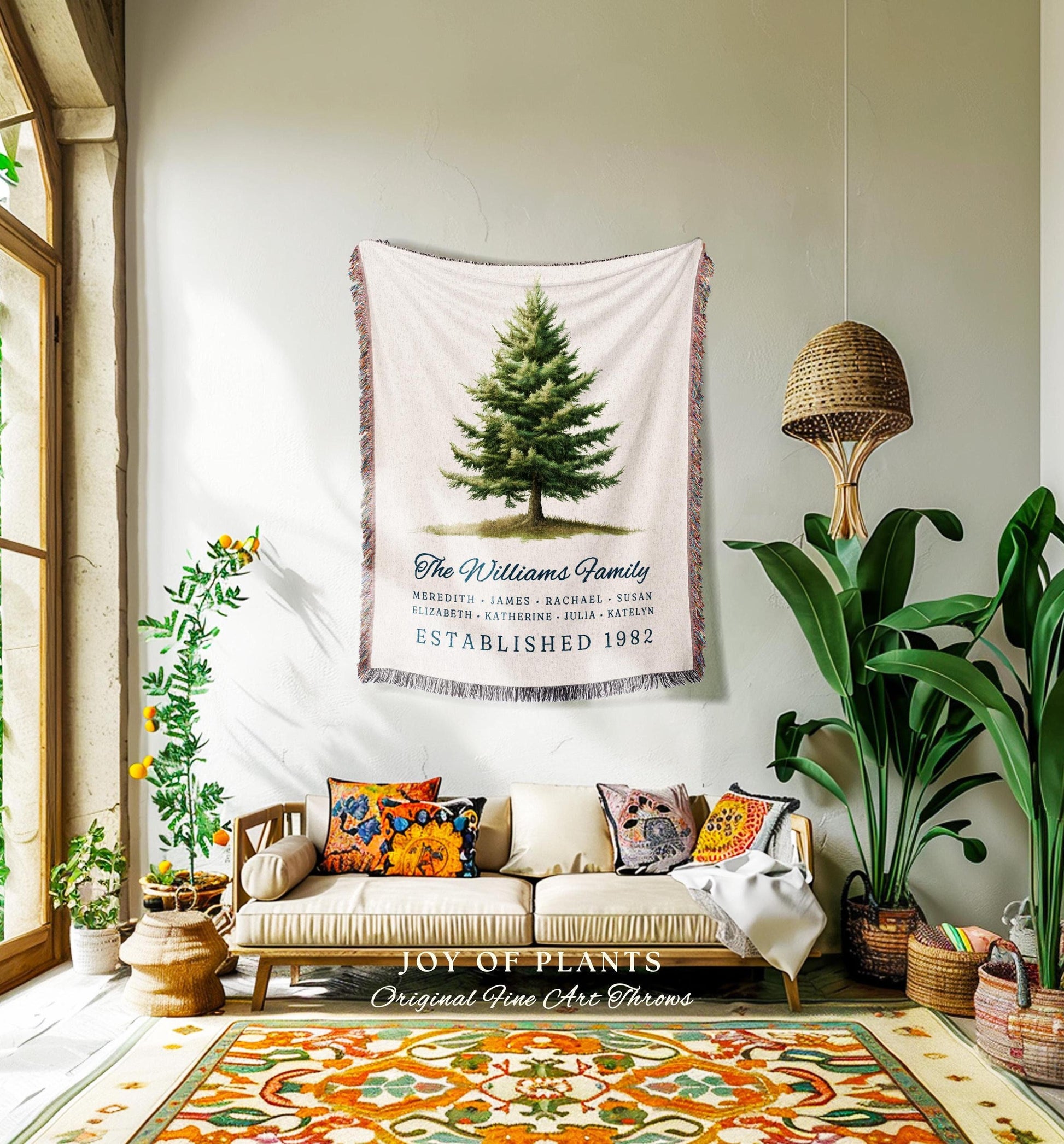 Classic Evergreen Family Tree Blanket Custom Name Woven Tapestry | Traditional Rustic Decor Personalized Family Heirloom Ancestry Keepsake