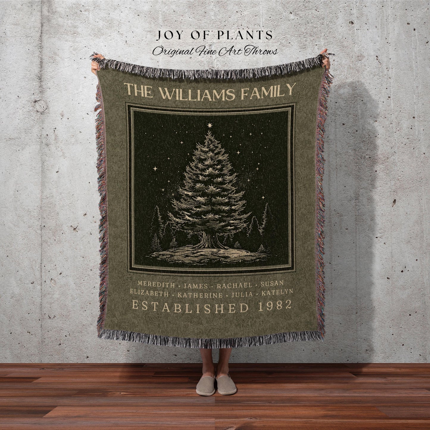 Rustic Winter Family Tree Blanket Custom Names Heritage Tapestry Throw | Cozy Cabin Personalized Ancestry Keepsake Woodland Christmas Gift