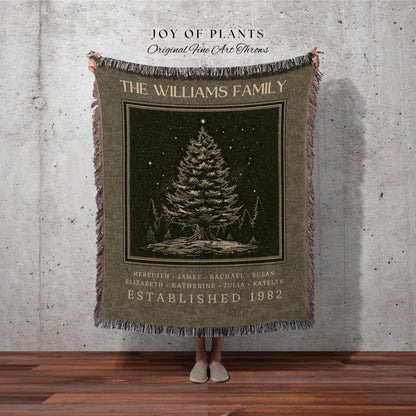 Rustic Winter Family Tree Blanket Custom Names Heritage Tapestry Throw | Cozy Cabin Personalized Ancestry Keepsake Woodland Christmas Gift