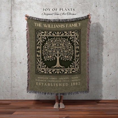 Elegant Olive Green Family Tree of Life Blanket Personalized Name Tapestry Throw | Custom Heritage Decor Cozy Cottagecore Ancestry Keepsake