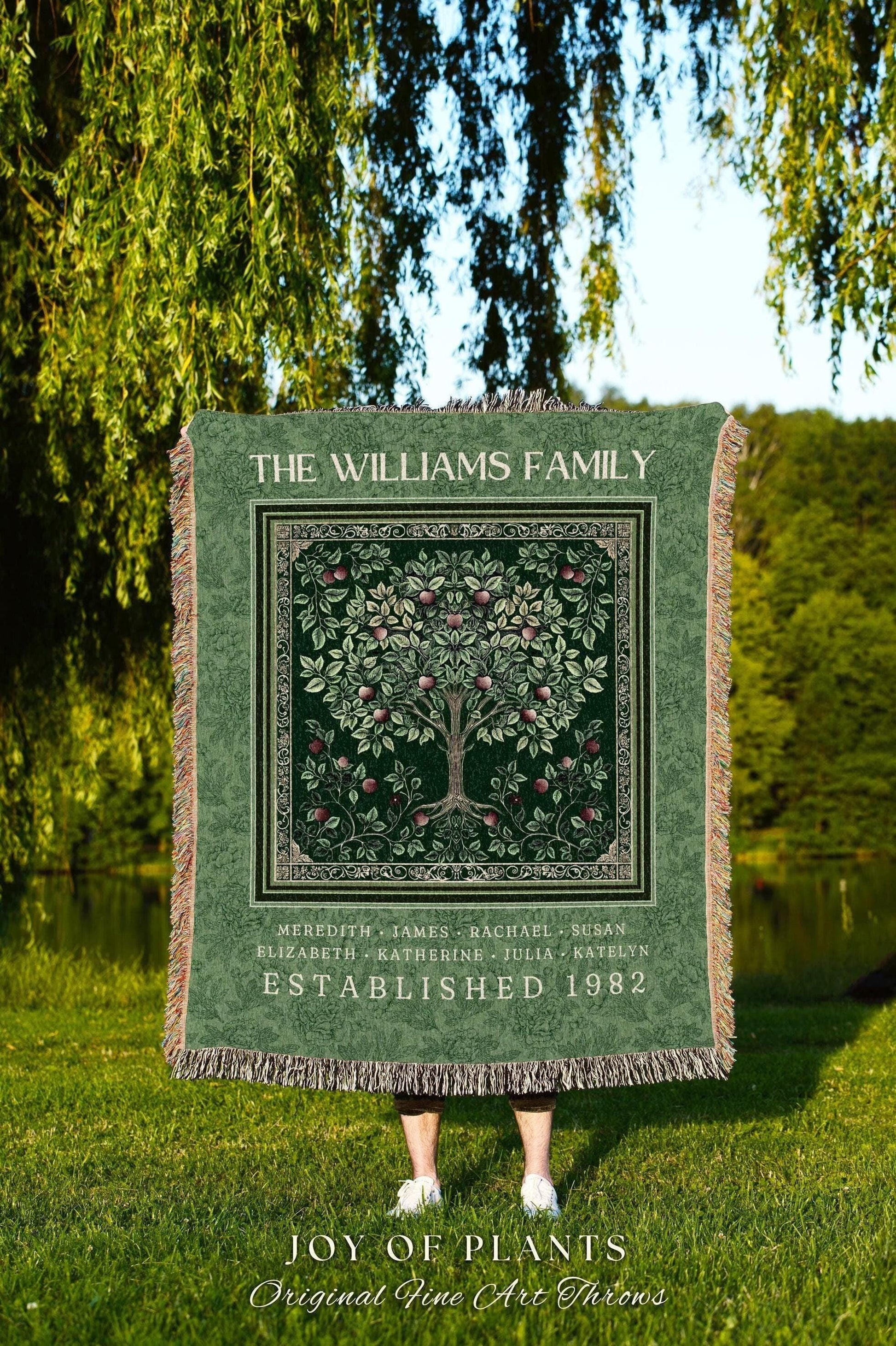 Victorian Heritage Family Tree Blanket Custom Names Woven Tapestry Throw | Emerald Green Decor Vintage Cottagecore Sentimental Keepsake Gift