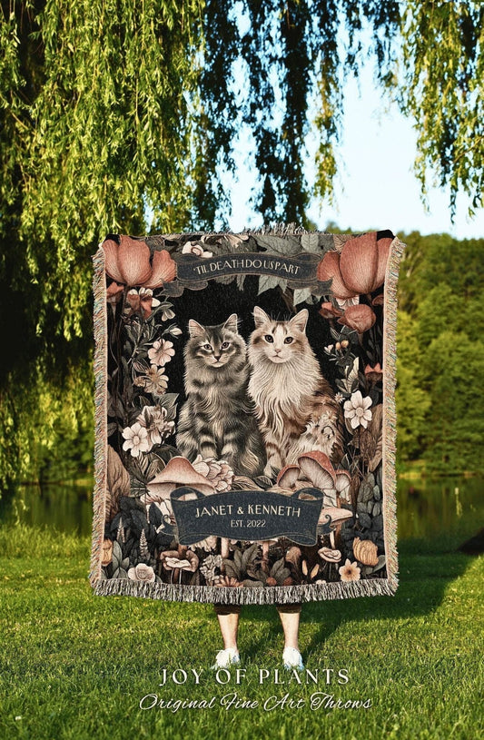 Cat Lover Personalized Woven Tapestry | Victorian Aesthetic Woven Blanket Custom His & Hers Gift for Goths Dark Academia Wedding Tapestry |