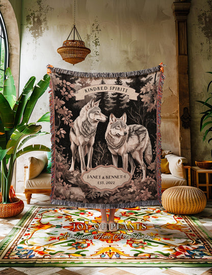 Forest Spirits Personalized Throw Blanket | Anniversary Gift His & Hers Wolf Tapestry Cottagecore Wedding Unique Couple Gift for Boyfriend |