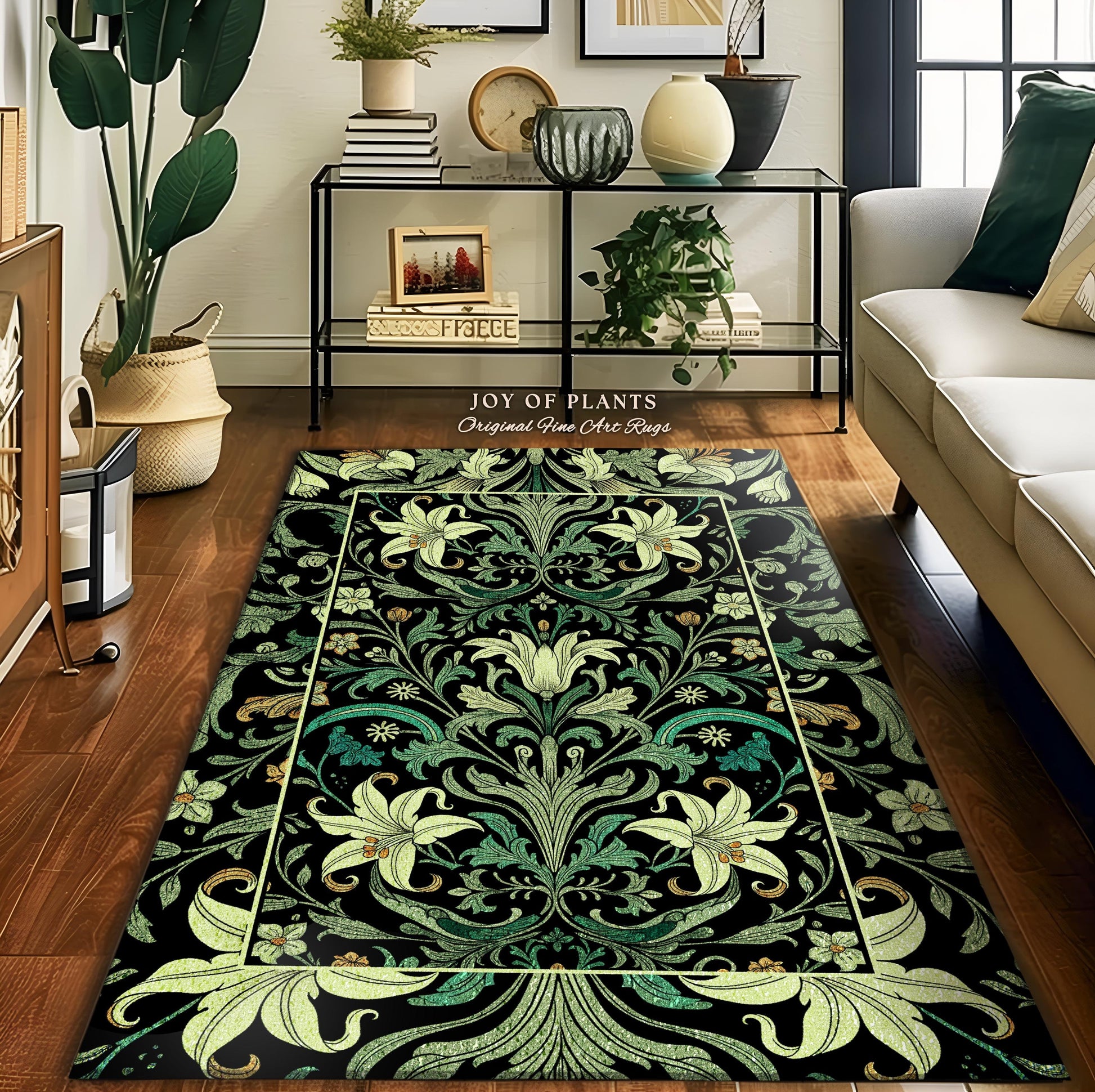 Ornate Green Botanical Rug Art Nouveau Victorian Floral William Morris Inspired Decor | Elegant Academia Lily Flower Antique Cottagecore Rug