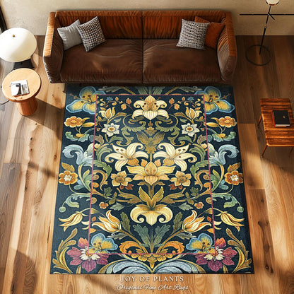 Rustic Farmhouse Floral Rug Country Cottage Charm | Soft Cottagecore Botanical Elegance Vintage Boho Flower Pattern Morris Style Home Decor