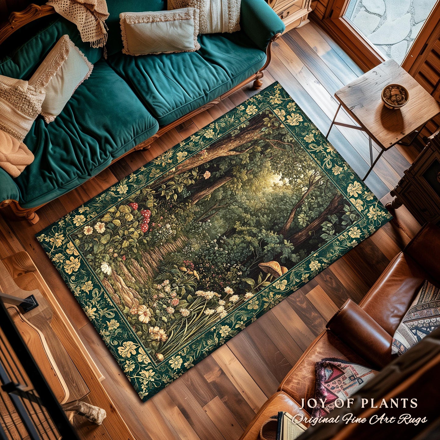 Botanical Bedroom Area Rug Fairycore | Woodland Mushroom Aesthetic Nature Lover Book Nook Bedroom Emerald Green Decor Fairytale Inspired |