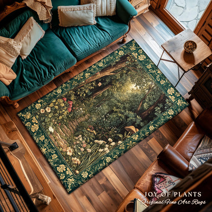 Botanical Bedroom Area Rug Fairycore | Woodland Mushroom Aesthetic Nature Lover Book Nook Bedroom Emerald Green Decor Fairytale Inspired |