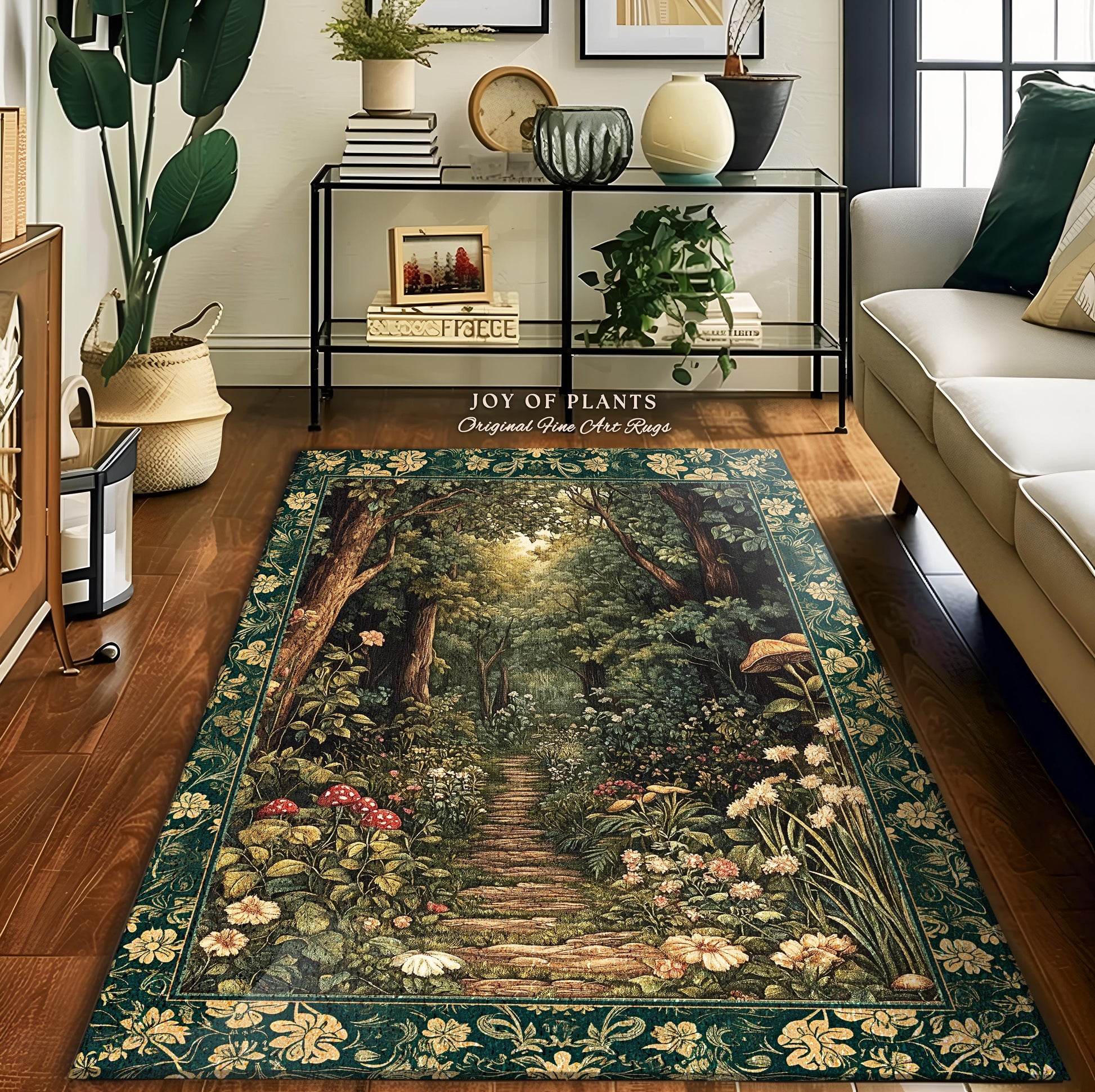 Botanical Bedroom Area Rug Fairycore | Woodland Mushroom Aesthetic Nature Lover Book Nook Bedroom Emerald Green Decor Fairytale Inspired |