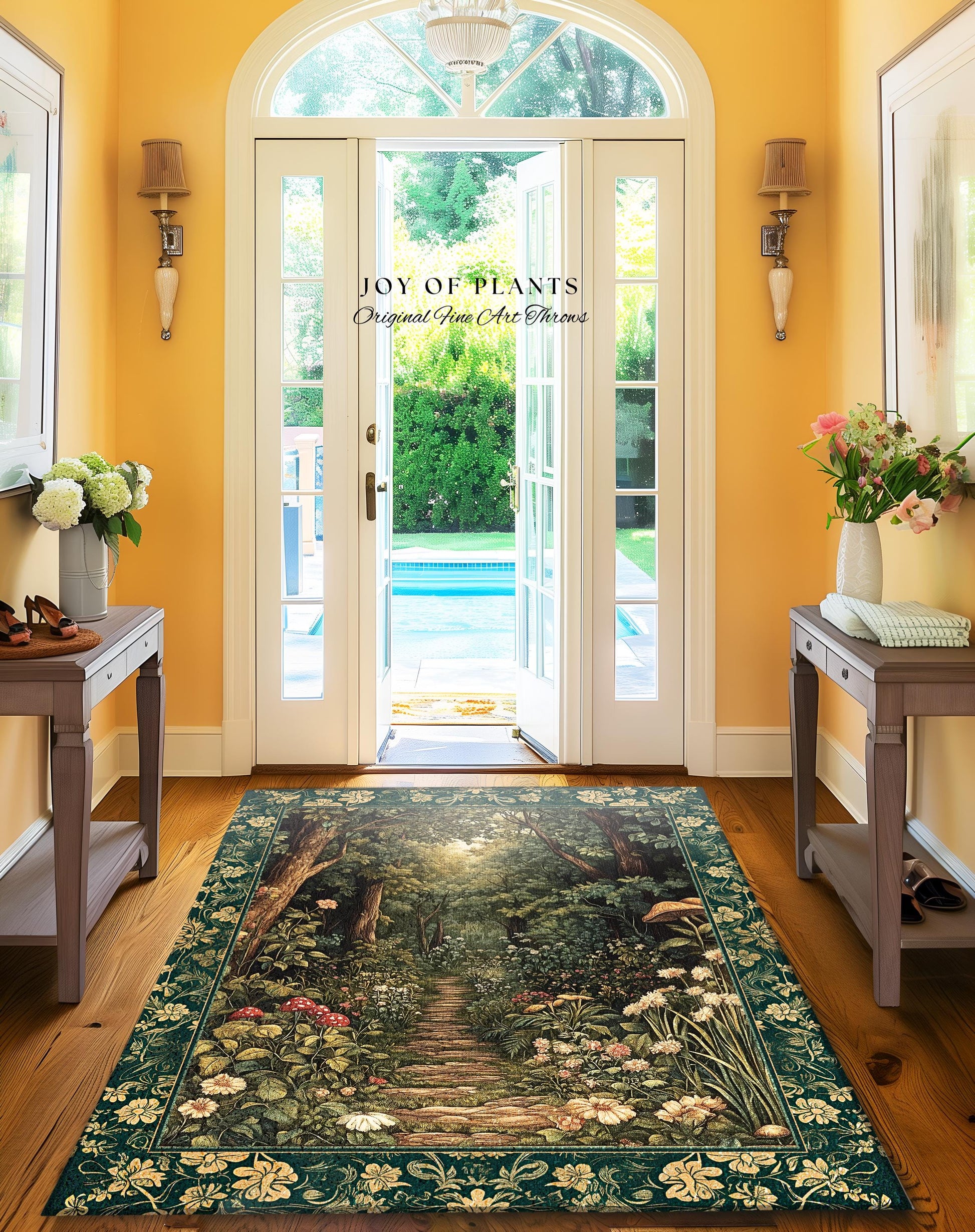 Botanical Bedroom Area Rug Fairycore | Woodland Mushroom Aesthetic Nature Lover Book Nook Bedroom Emerald Green Decor Fairytale Inspired |