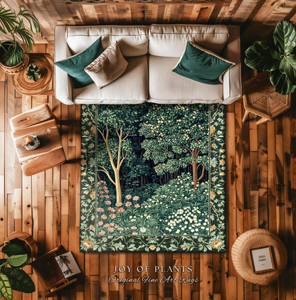 Medieval Forest Botanical Floor Rug | Woodland Botanical Emerald Green Vintage Aesthetic Mystic Book Nook Room Decor Magical Bedroom Theme |