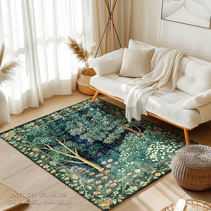 Medieval Forest Botanical Floor Rug | Woodland Botanical Emerald Green Vintage Aesthetic Mystic Book Nook Room Decor Magical Bedroom Theme |