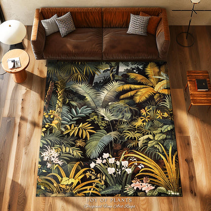 Earthy Colors Tropical Leaves Area Rug | Jungle Theme Bedroom Decor Whimsical Botanical Living Room Forest Floor Abstract House Plant Rug |