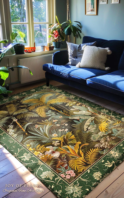 Maximalist Botanical Jungle Area Rug | Exotic Leaf Tropical Nature Theme Bedroom Decor Vintage Elegance Living Room Forest Floor Abstract |