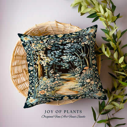 Dreamy Forest Landscape Botanical Pillow | Misty Forest Dark Cottagecore Aesthetic Fairycore Book Nook Woven Cushion Magical Jungle Decor |