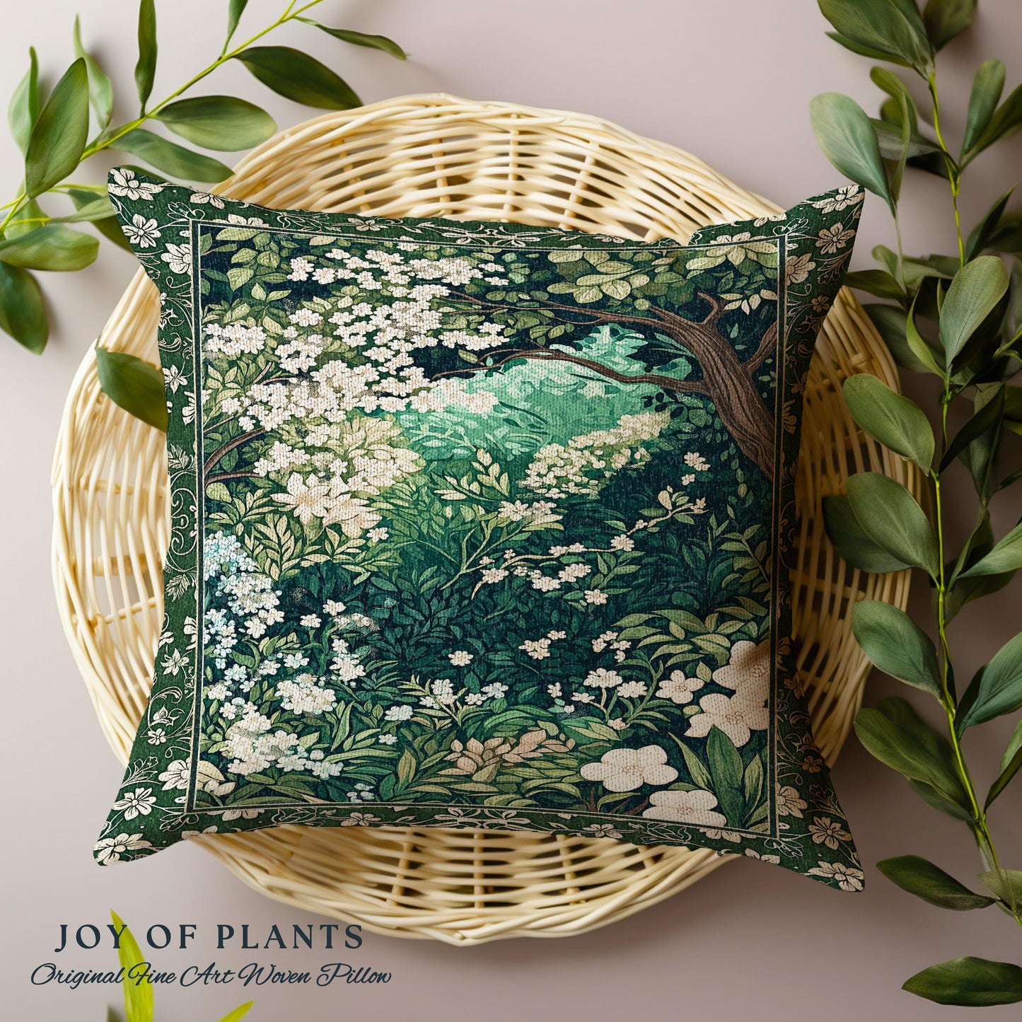 Botanical Aesthetic Forest Tapestry Throw Pillow Dark Cottagecore Folklore Inspired Decor | Ethereal Aesthetic Fairycore Mystical Woodland