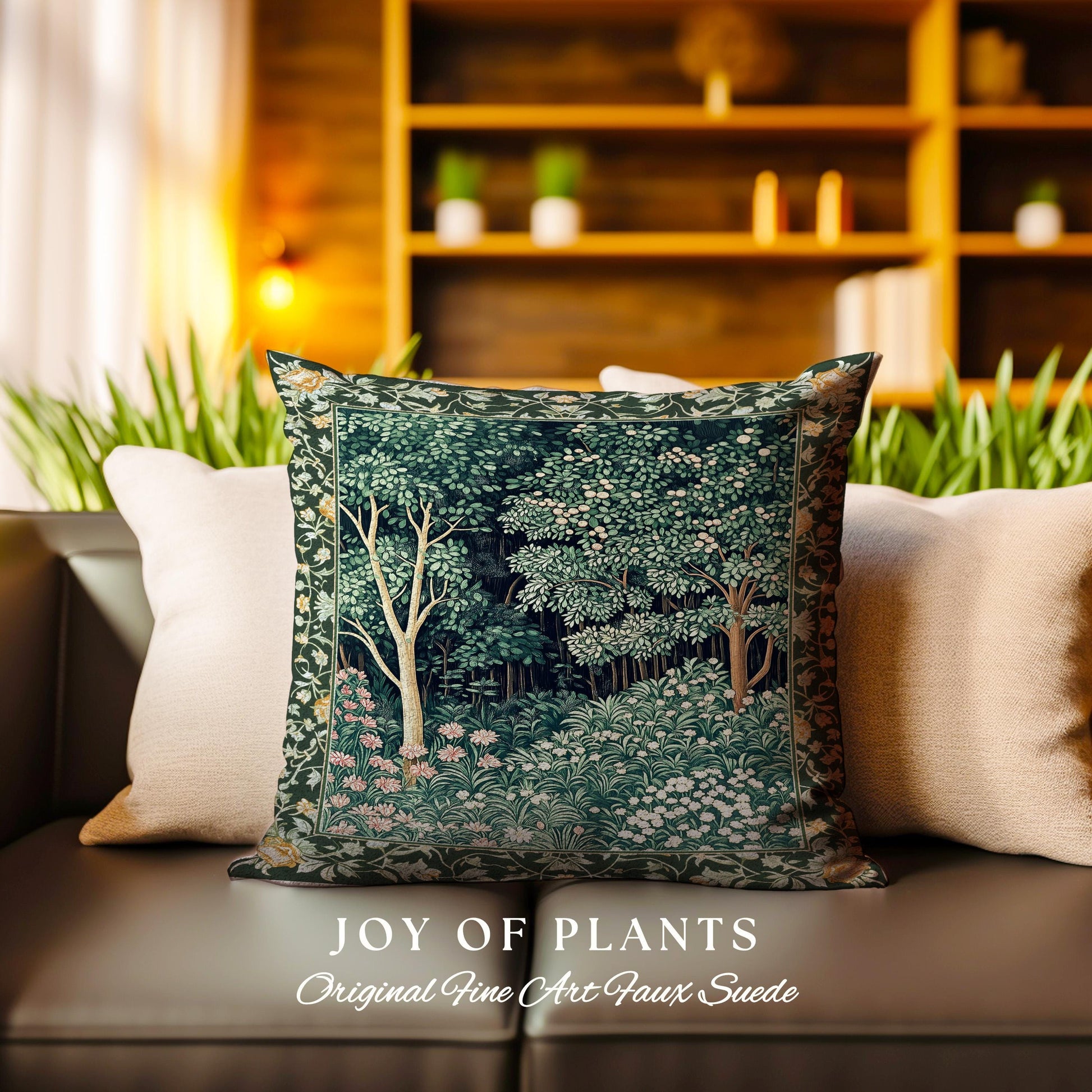 Medieval Forest Botanical Accent Pillow | Woodland Botanical Emerald Green Vintage Aesthetic Mystic Book Nook Cushion Magical Bedroom Theme
