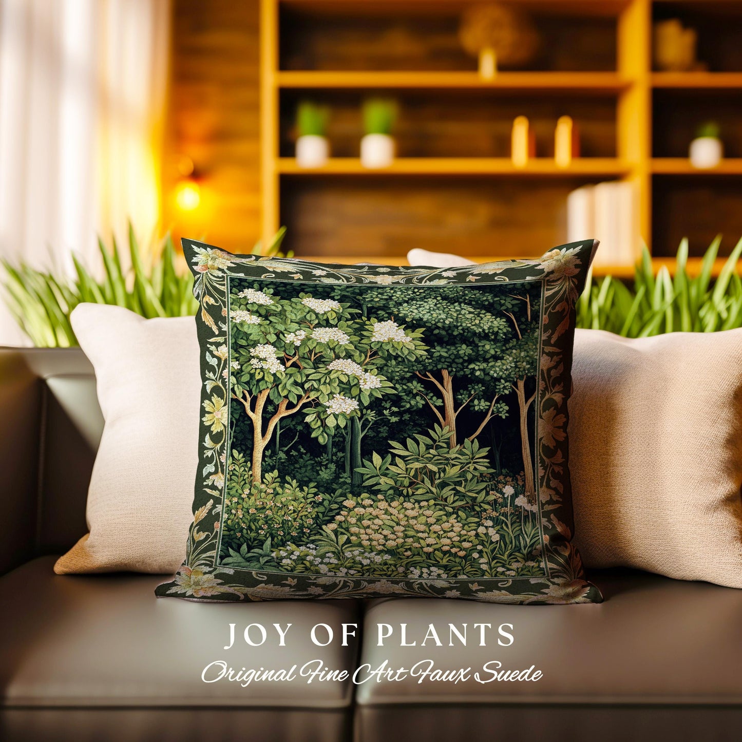 Emerald Green Medieval Tree Tapestry Pillow | Magical Woodland Cottagecore Aesthetic Nature Lover Book Nook Olive Green Decor Bohemian Cute