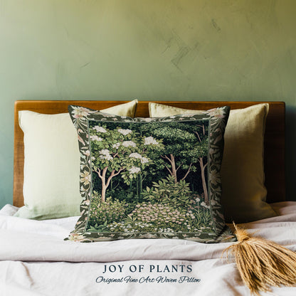 Emerald Green Medieval Tree Tapestry Pillow | Magical Woodland Cottagecore Aesthetic Nature Lover Book Nook Olive Green Decor Bohemian Cute