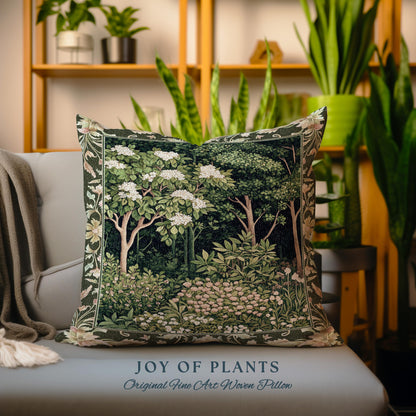 Emerald Green Medieval Tree Tapestry Pillow | Magical Woodland Cottagecore Aesthetic Nature Lover Book Nook Olive Green Decor Bohemian Cute
