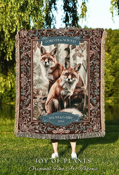 Cozy Aesthetic Fox Couple Throw Blanket | Whimsical Aesthetic Pastel Woodland Wedding Anniversary Cottagecore Dating Gift 'Kindred Spirits'