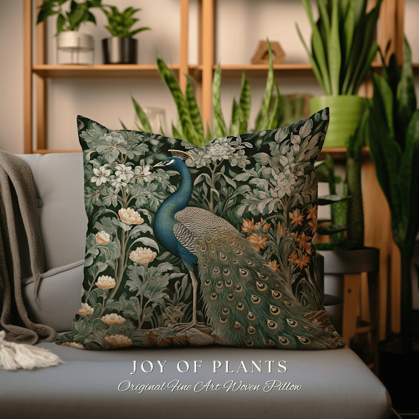 Peacock Throw Pillow Woven | William Morris Inspired Fox Pillow Woodland Decor Pillow Maximalist Home Decor Throw Pillow Botanical Peacock