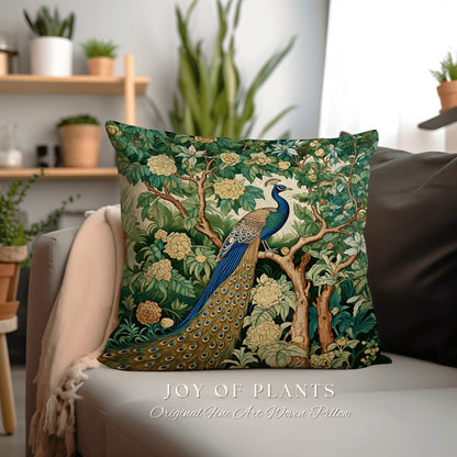 Eclectic Peacock Accent Pillow | William Morris Inspired Peacock Woodland Decor Pillow Maximalist Ornate Home Decor Throw Pillow Botanical