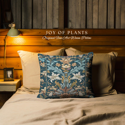 Art Nouveau Floral Ornate Throw Pillow Renaissance Style Botanical Dark Academia, William Morris Inspired Rustic Farmhouse Tapestry Cushion